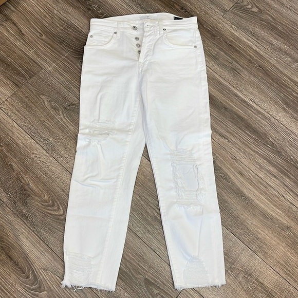 7 for all mankind white hidden button fly distressed jeans size 25 - Picture 1 of 7